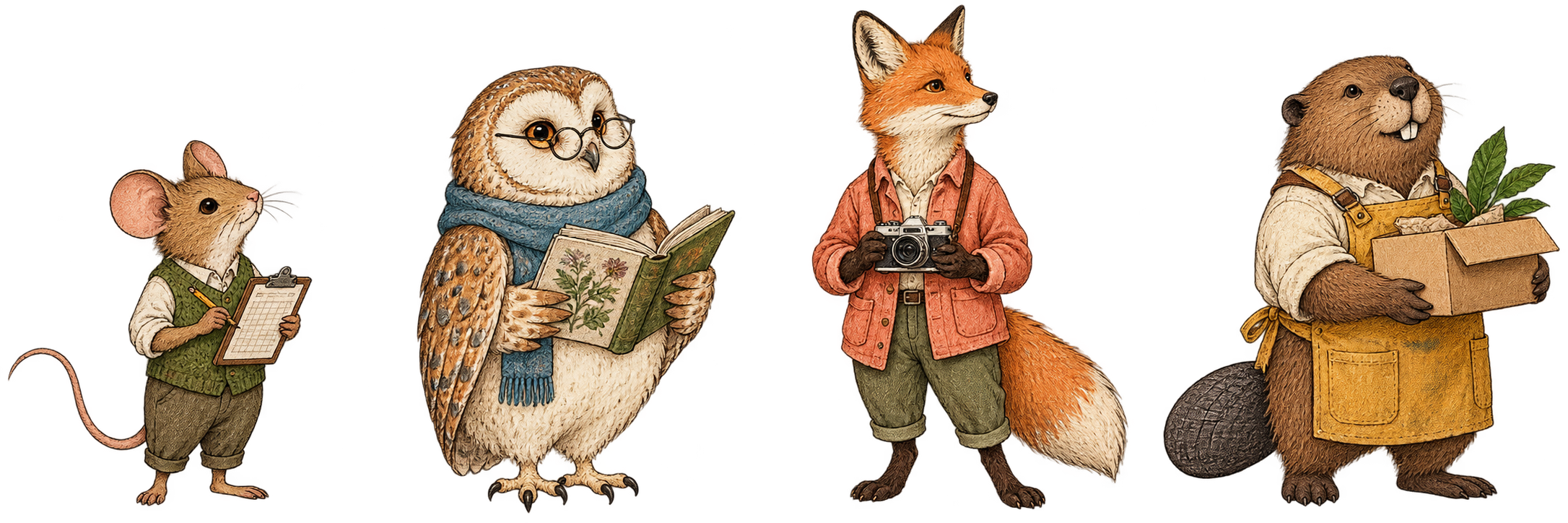 Meet Pip the mouse, Bea the owl, Kit the fox, and Otto the beaver, your four illustrated AI ops workers